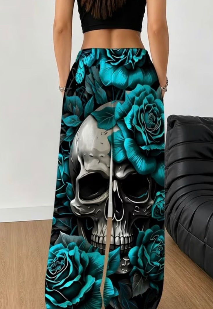 Teal skull baggy  trousers