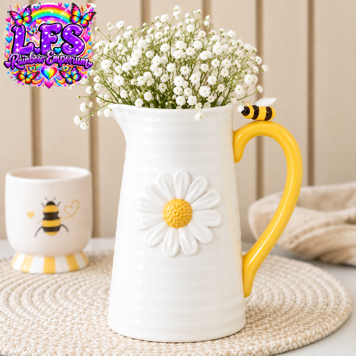 3D Daisy and Honey Bee Ceramic Flower Jug