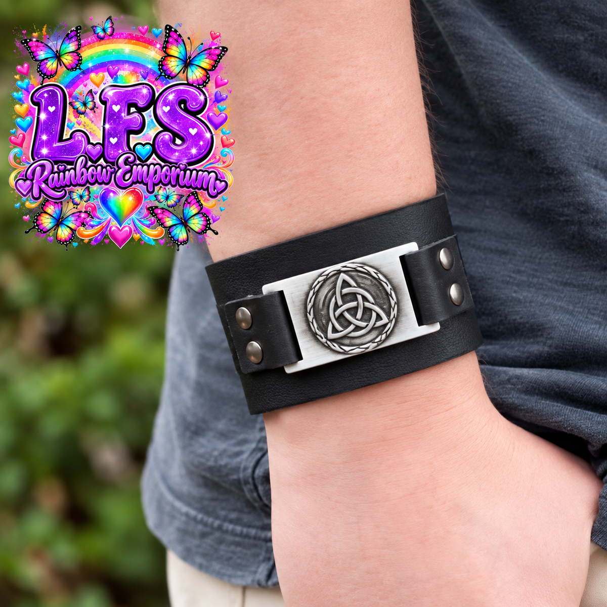 Black Celtic Triquetra Knot Leather Cuff Bracelet